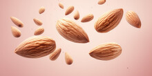 Closeup Of Almond Nuts Falling Surrounded By Almond Crumbs Isolated On Flat Pink Background With Copy Space. 3d Render Illustration Style. 