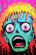 graphic illustration of screaming blue zombie monster character face in pink, yellow and black
