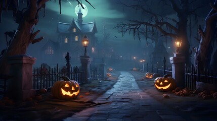 Beautiful painted concept of a Magical Halloween Scene with Jack o Lanterns generative ai