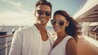 © ShniDesign - Portrait of tourist couple on the deck of a cruise ship. AI Generated.