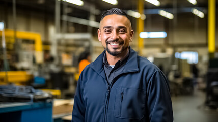 Shot of a handsome bearded factory worker in uniform. Industrial specialist standing in a metal construction manufacture.