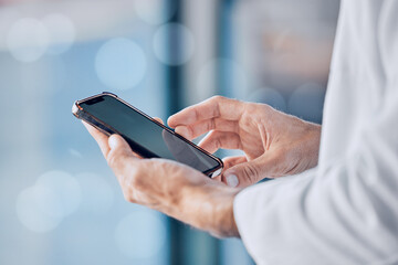 Aufkleber - Person, doctor and hands with phone for communication, healthcare or Telehealth at hospital. Closeup of medical professional or nurse on mobile smartphone app for networking or social media at clinic