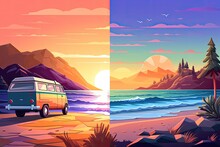 Modern Van Driving By The Beach At Sunset