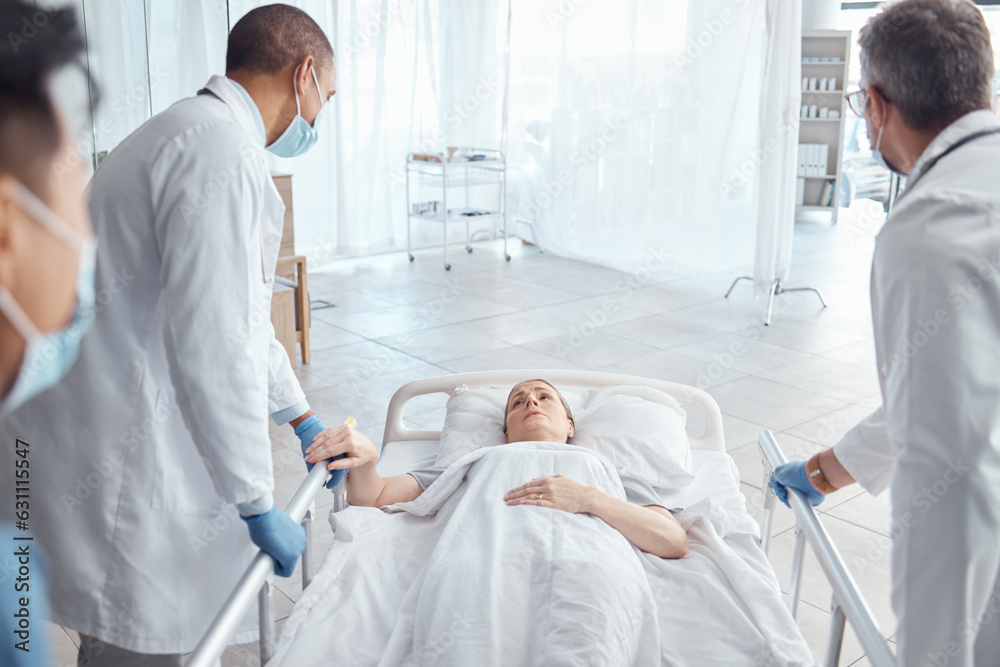 Patient Rushed Doctors, theater and push woman in bed for emergency surgery for cancer ...