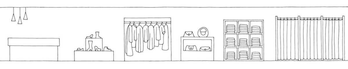 Shop store interior graphic black white long sketch illustration vector 