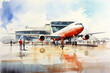 People board a plane, watercolor illustration.