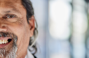 Poster - Smile, half portrait and a man at work for advertising of space, marketing and corporate professional. Happy, bokeh and face of a businessman or employee in the workplace woth mockup for career