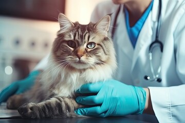 Wall Mural - veterinary clinic, professional veterinarian examines cat. ai generated