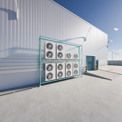 Wall Mural - 3d rendering of condenser unit or compressor outside factory plant. Unit of ac air conditioner, heating ventilation or hvac air conditioning system. Include fan, coil and pump inside for heat and cool