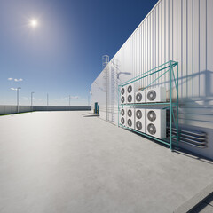 Wall Mural - 3d rendering of condenser unit or compressor outside factory plant. Unit of ac air conditioner, heating ventilation or hvac air conditioning system. Include fan, coil and pump inside for heat and cool