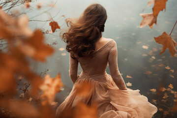 Dreamlike autumn scene with running woman and falling leaves. Romantic woman in long dress at a pond in fall.