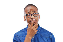Black Man, Thinking And Confused With Doubt Or Remember, Memory And Planning On Isolated, Transparent Or Png Background. Decision, Guy And Question For Brainstorming, Why And Problem Solving Ideas