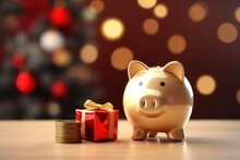 piggybank on a table with coins, festive holiday christmas scene in the background, copy space for writing text