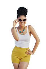 Wall Mural - Sunglasses, fashion and portrait of woman with a smile for streetwear, trendy clothes or shades. Girl, African and excited model with cool holiday style and isolated on a transparent png background