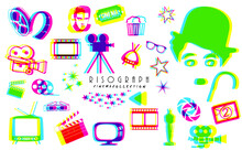 Set Of Risograph Style Symbols. Cinema, Film And Tv Concept. Vintage, Glitch Colorful Icons.
