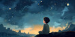 A boy gazes at a starry night sky with galactic glimmer,  A boy looking at night starry sky, A child sits on a ledge looking at the stars at night, 