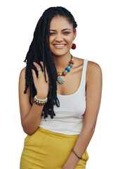 Sticker - Portrait, fashion dreadlocks and happy woman with hair isolated on a transparent png background. African person, face and natural braids with a smile for aesthetic, haircare and hairstyle at salon