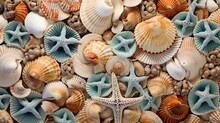 Seashells Background Texture Close Up. Closeup Of Beautiful Colorful Sea Shells In Different Shapes, Coral And Starfish. AI Illustration..