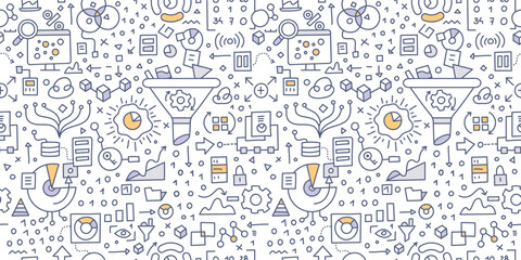 Big data. Doodle seamless pattern. Features a multitude of illustrated elements symbolizing various aspects and tools of data collecting, processing and analysing