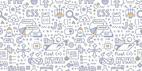 Software engineering. Doodle seamless pattern. The pattern encompasses various elements related to software development, including programming languages, the development process, and coding