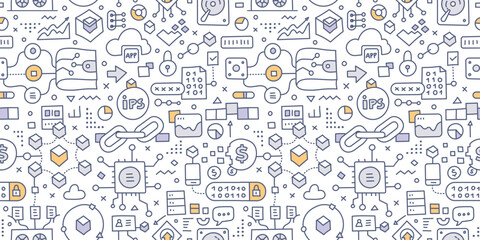 Blockchain. Doodle seamless pattern. Features small illustrations symbolizing the key elements of blockchain technology, including blocks, chains, cryptographic symbols, and decentralized networks