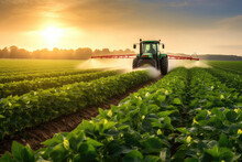 Tractor Spraying Pesticides In Soybean Field During Springtime. Generative AI