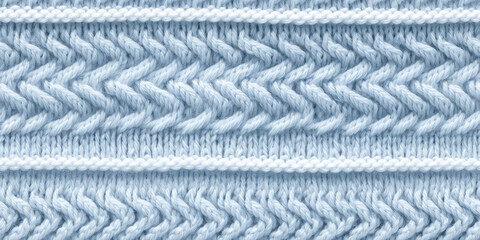 Handmade seamless pattern of light pastel blue yarn threads, loops of yarn in thread tile ornament, repeat multicolored Coarse knitting close-up tile texture. 3d render realistic illustration style.