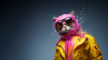 Cyberpunk Futuristic Anthropomorphic Cat In Yellow Raincoat Outfit And Pink Hood. Fantasy Concept