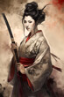 Portrait of a Japanese female samurai in watercolor painting