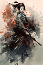 Portrait Of A Japanese Female Samurai In Watercolor Painting