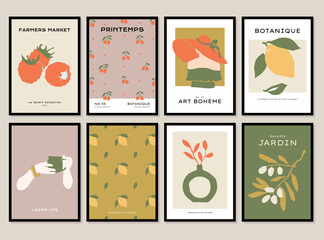 Vector poster collection with botanical illustrations, woman silhouettes. Art for for postcards, wall art, banner, background.	