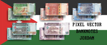 Vector Pixelated Mosaic Set Of Jordan Banknotes. Banknotes In Denominations Of 1, 5, 10, 20 And 50 Jordanian Dinars. Flyers Or Game Banknotes.