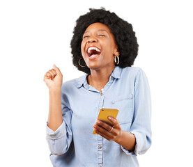 Poster - Excited, celebrate and black woman with a phone for win or success on internet. Smartphone, fist and african person with lottery results, victory or achievement isolated on transparent png background