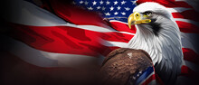 Abstract Background An Eagle And An American Flag On The Back Are Foggy In The Concept Of Young Leaders With Business Development. Illustration, Copy Space