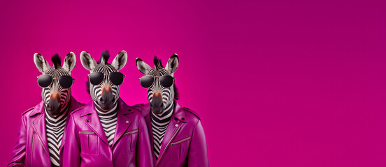 A portrait of three funky zebras wearing aviator sunglasses, leather jackets on a seamless magenta background, copy space for text. Generative AI technology