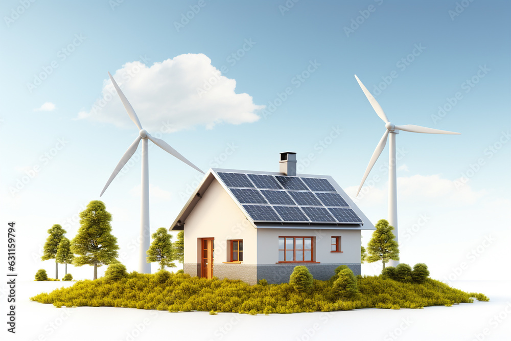 House with solar panel and wind turbines. Renewable energy concept ...