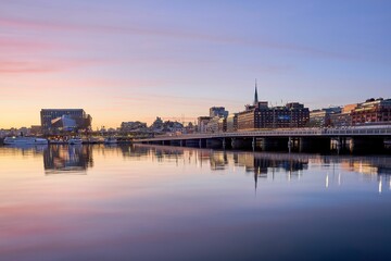 Sticker - Idyllic scene of Stockholm cityscape on the shore at sunset in Sweden