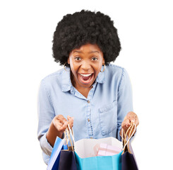 Poster - Shopping bags, excited and portrait for a happy customer or woman for sale, discount or promotion. Black female person isolated on a transparent, png background with consumer, retail or wow surprise