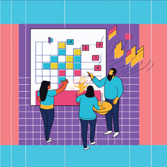 Two people pointing at a blueprint or diagram that is hanging up on the wall of an office setting. cartoon style, flat 2D style, neon colors, vibrant colors, detailed line work, flat background, work.