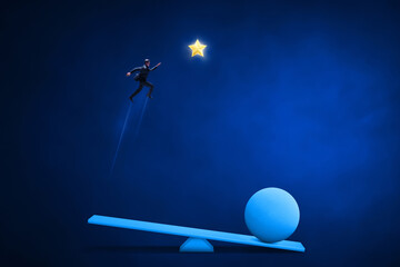 Wall Mural - Businessman jumping to golden shiny star 3d illustration