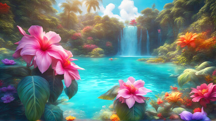 Paradise landscape with beautiful  gardens, waterfalls and flowers, magical idyllic background with many flowers in eden.