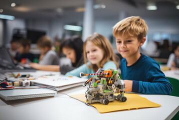 Children interacting with a robot at a table
