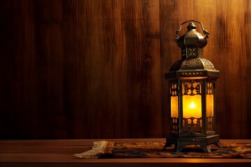 Old fashioned vintage kerosene oil lantern lamp burning  in an antique rustic country barn with aged wood wall and weathered wooden floor