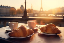 French Food Table France Bar Drink Paris Cup Breakfast Croissant. Generative AI.