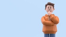 3D Illustration Of  A Thinking Asian Male Guy Qadir  Pondering Making Decision. Portraits Of Cartoon Characters Solving Problems, Feeling Concerned Puzzled Lost In Thoughts. Searching And Finding A So