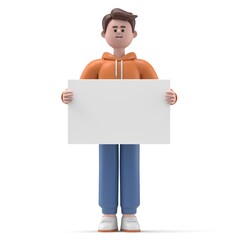 3D illustration of a smiling Asian male guy Qadir  holding white blank board. Portraits of cartoon characters stand with display banners in their hands, Advertising board, 3D rendering on white backgr