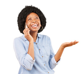 Poster - Happy, talking and black woman with a phone and hand gesture for communication or chat. Smartphone, question and african person isolated on transparent, png background for funny conversation or idea