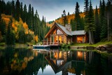Fototapeta Uliczki - Reflection of the house in the lake hidden in the trees by the Lake Ohara in Canada .