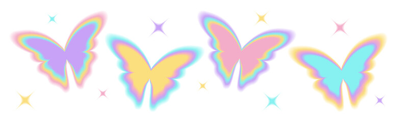 y2k blurry gradient butterfly shape with sparkle or stars. pastel holographic aura elements, aesthet