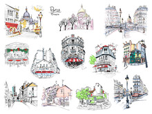 Set Of Color Vector Typical Parisain Landmarks, House, Cafe And Lanterns, Paris, France.